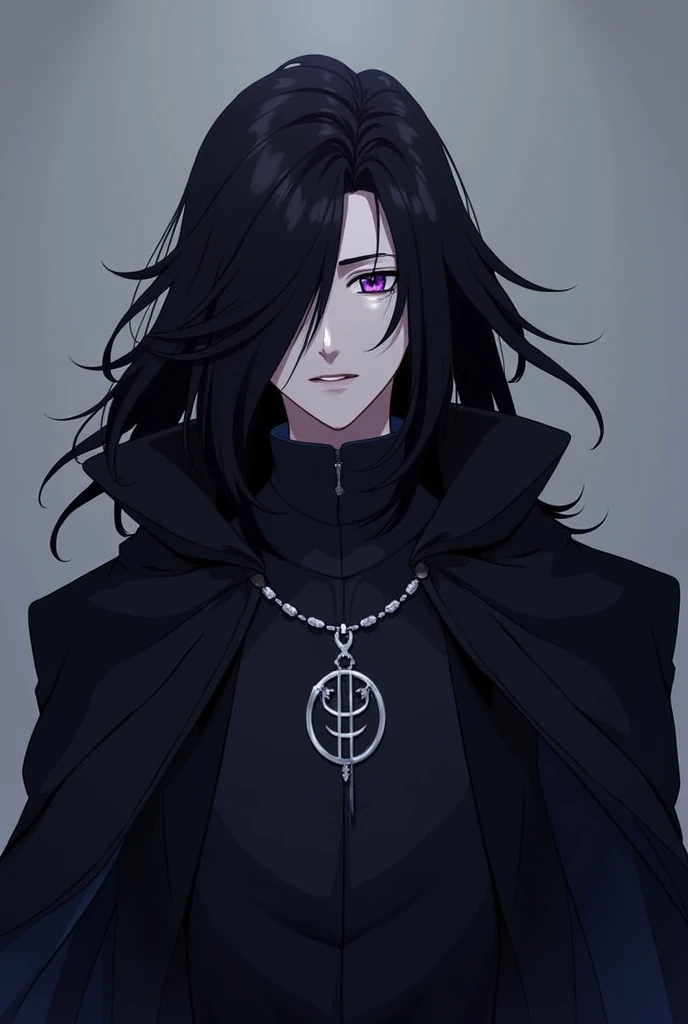 Create an anime-style character named Kuroshi Yami, a mysterious and enigmatic figure with long black hair and intense violet eyes. He wears a dark, flowing cloak that gives him an ominous presence. His expression is calm yet cryptic, and he has a silver n...