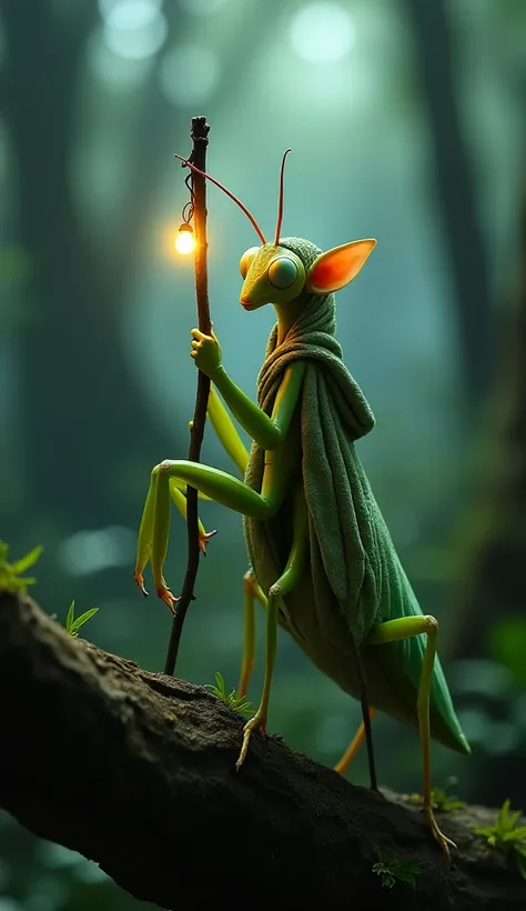 Close-up image of a small hot female elf sorcerer wearing a flowing cloak perched on a green praying mantis. The elf holds a glowing staff with a tiny light at the top. The mantis’s textured body contrasts beautifully with the dark, misty forest background...