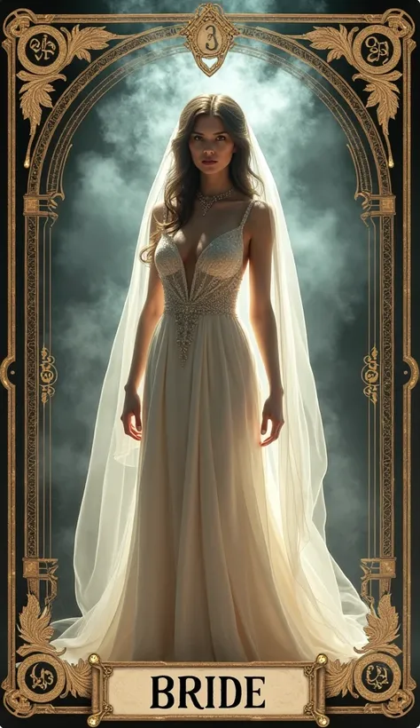 Best quality, Tarot card lies on the fortune tellers table. 3D. 16th century aesthetics, "Bride" tarot card lettering, symbolism, iconography, numerology, passionate sophisticated bride in wedding dress shrouded in fog emerging from tarot card, sexual tens...