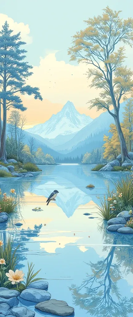 (masterpiece:1.2,Outstanding quality,Mirror finish, Best Illustration ),8k,16k,wallpaper,(Quiet Lake),(morning haze),(Quiet Lake畔の森の影),(A cuckoo is croaking ),(Watercolor),( Dynamic ),( beautiful gradation),(Tranquility VFX )