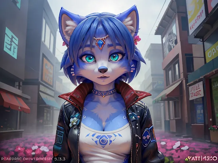 ((krystal)), Star Fox-Krystal, lovable, green eyes, (((   Long blue hair 1   .3))),  anthro, blurred,  detailed Fluffys fell,   detailed face , (Fluffy),  1 girl, woman, (Tattoos), (Jacket: 1.2), (Jacket no corpo nu, Correia, short shirt)). ((Zombies, skul...