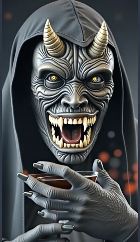 " A dark entity with a black hood ,  of an imposing and creepy appearance ,  holding a glass of dark wine in one hand .  His face is hidden by a detailed demonic mask , with horns,  sharp teeth and sinister textures . The background is dark and foggy,  wit...