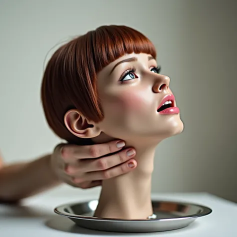 A beautiful, young, dead womans severed head is standing on a silver tray. Side view of the head. She has beautiful, straight, thick, smooth, silky, reddish brown, short pixie hair with thick bangs. We see her from side view. A hand is holding her chin whi...