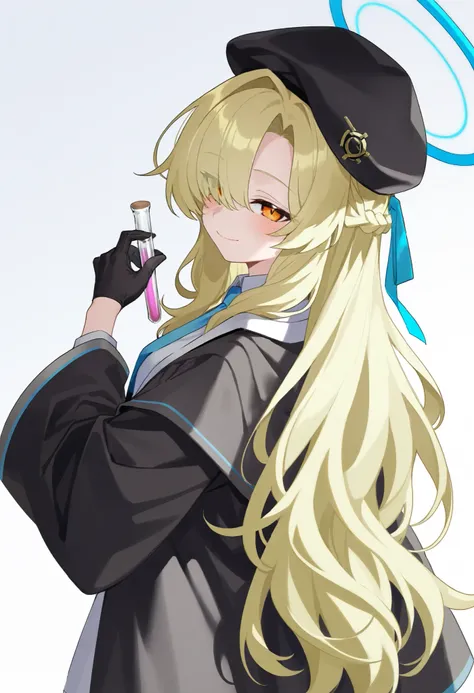 1girl, blue archive, professor niyaniya (blue archive), beret, black hat, black robe, blonde hair, blush, closed mouth, eyes visible through hair, from behind, hair between eyes, hair intakes, halo, hat, long hair, long sleeves, looking at viewer, looking ...