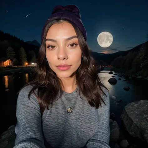 photorealistic, best quality, hyper detailed, beautiful woman, petite, hispanic, scarlet witch,  b cup breasts,selfie photo, upper body, solo, wearing pullover, outdoors, (night), mountains, real life nature, stars, moon, (cheerful, happy), sleeping bag, g...