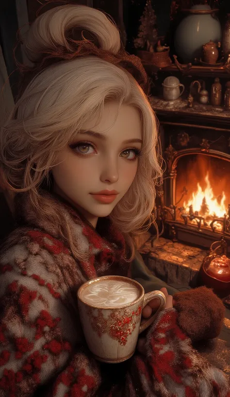 A beautiful woman with beautiful eyes:1.2, detailed eyes, beautiful full lips, highly detailed eyes and faces, long eyelashes, cute expression, smile, sitting:1.4, holding a cup of hot latte, homely background, Christmas sweater, fireplace, warm light, det...