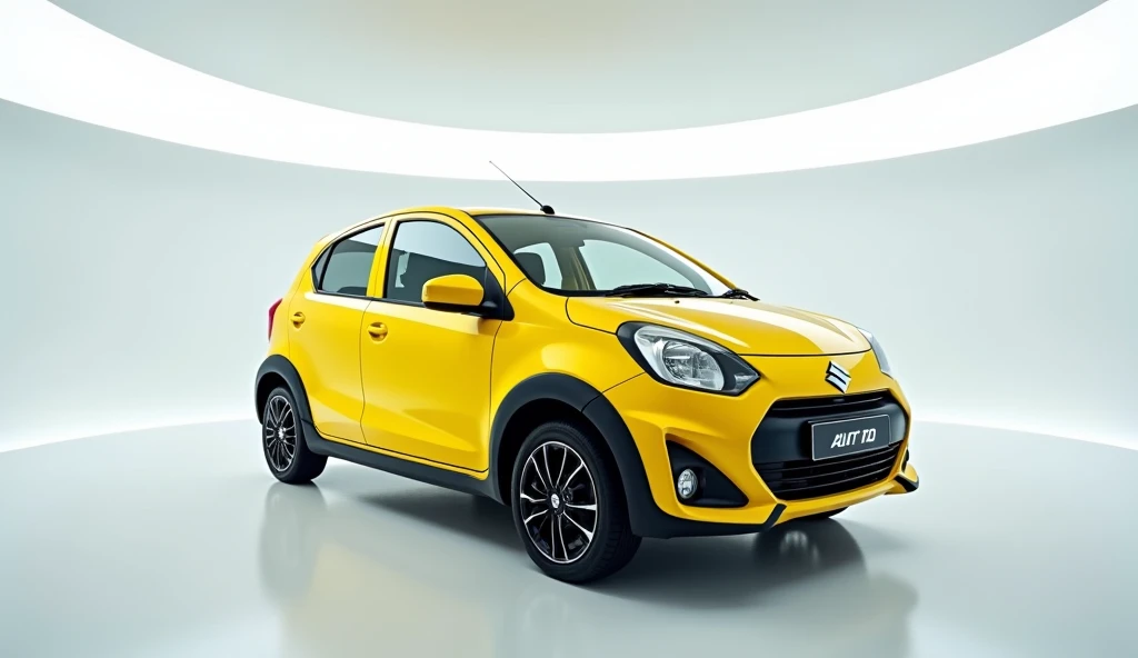 A captivating and futuristic image of the (Maruti Suzuki Alto k10) is displayed in a luxurious white showroom. The car is painted in a striking vibrant (Yellow) hue, emphasizing its sleek, aerodynamic design with bold accents that highlight the cutting-edg...