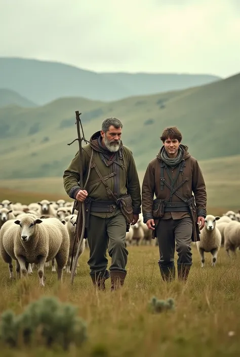 A big sheep herder with a twentysomething young man in Marran with a flock of sheep