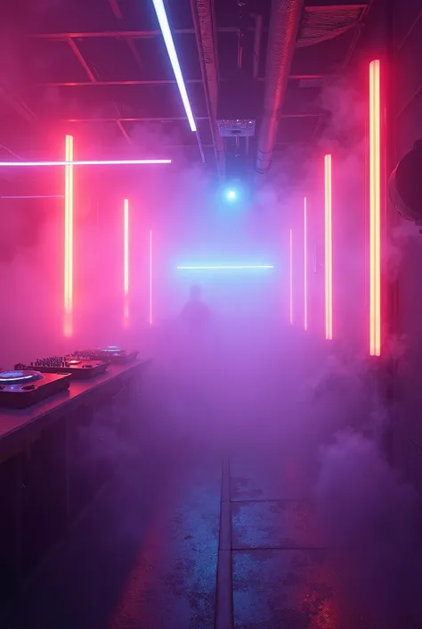 Neon dj night background with foggy smoke without any person 