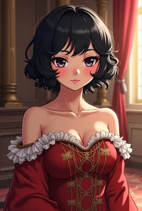 Noble Portuguese anime girl with short curly black hair and black eyes 