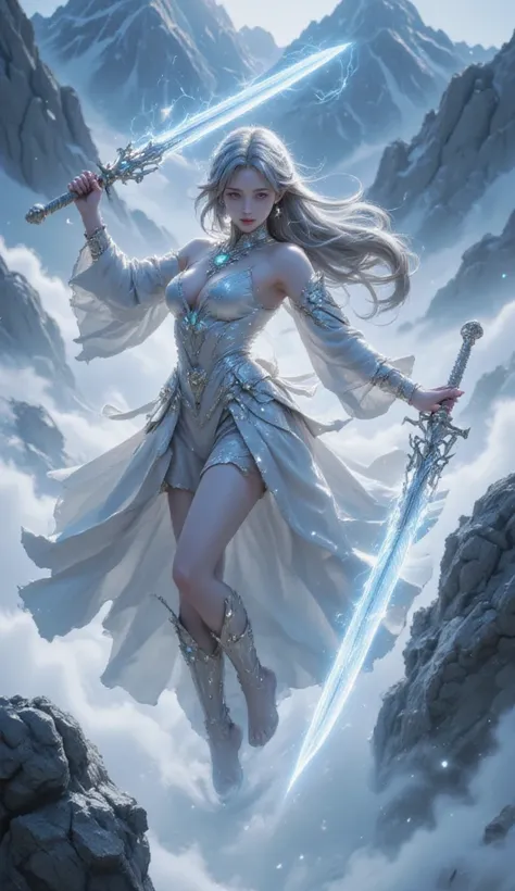 a woman in an ancient style dress, holding a cold ice sword with blue flames, dancing in the snow with long flowing hair, holding a silver long sword, adorned with jade jewels, confident smiling face, floating in the clouds with mountains in the background...