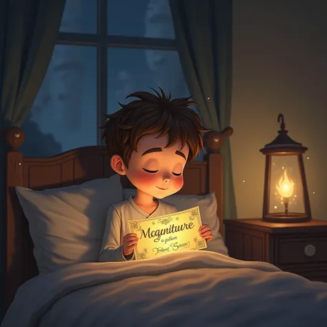 Create the animated image of a  brunette boy with black hair One evening, as he was closing his eyes to sleep, a magical invitation appeared over his nightstand. It was a golden ticket that read: