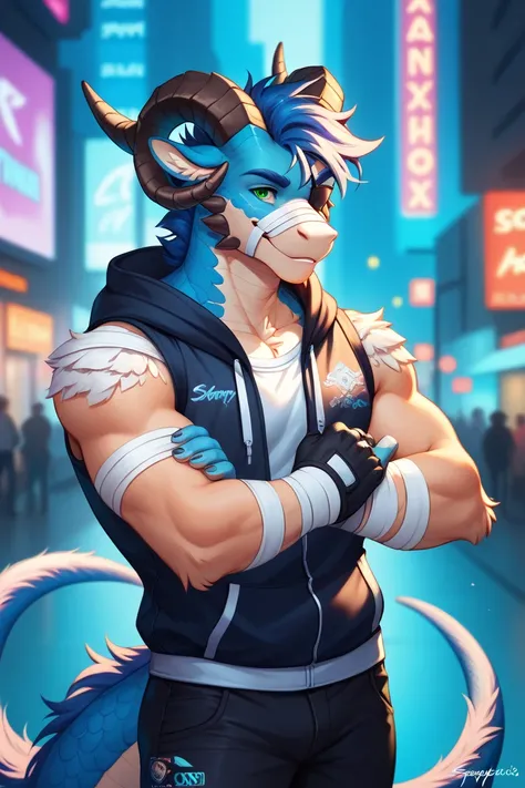 (solo), anthro male, white and sapphire dragon, majestic mane, glowing green eyes, sleeveless hoodie, hoodie over black fingerless gloves, tail, Long sapphire hair, regal hair, detailed fluffy fur, sapphire scales, sapphire body, white underbelly, decorati...