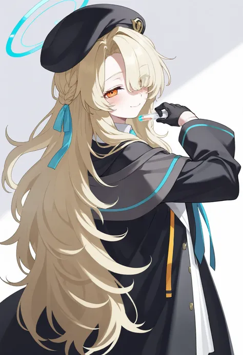 1girl, blue archive, professor niyaniya (blue archive), beret, black hat, black robe, blonde hair, blush, closed mouth, eyes visible through hair, from behind, hair between eyes, hair intakes, halo, hat, long hair, long sleeves, looking at viewer, looking ...