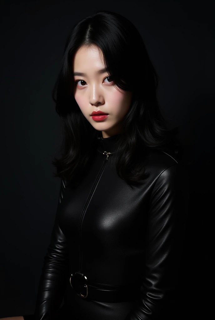 Make a Korean , , With a black shiny outfit, black background, long black hair, kpop photoshoot 