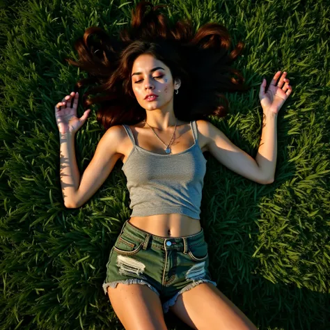 Top-down, photorealistic view of a stunning small teen lying unconscious on lush, green grass. Her arms are spread out chaotically, legs slightly bent at the knees, with her hair tangled and spread around her head. Her eyes are closed, her face expressing ...