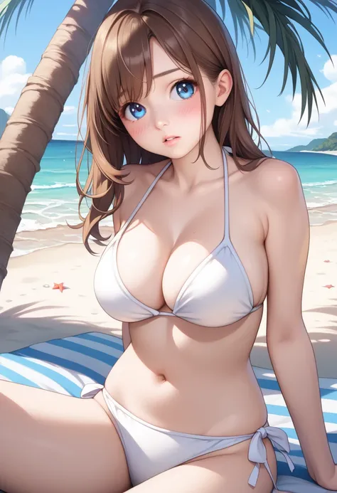 (This is a close-up shot of a young anime girl in a bikini on the beach:1.4),(solo:1.4),(1girl:1.4),(long brown hair:1.3),(blue eyes:1.2),(white bikini top:1.3),(white bikini bottom:1.2),(navel:1.1),(sitting on the beach:1.3),(palm trees in the background:...