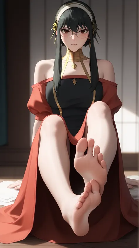 ((((Yoru Forger)))), Foot Enlarged Poses、(((Sitting pose showing the sole of the foot))), , (breasts,  8k, Stunning foot soles, Very detailed,  realistic, ,  beautiful,  animation ,  Sharp Focus,   award , masterpiece,  like a movie , dynamic,  like a movi...