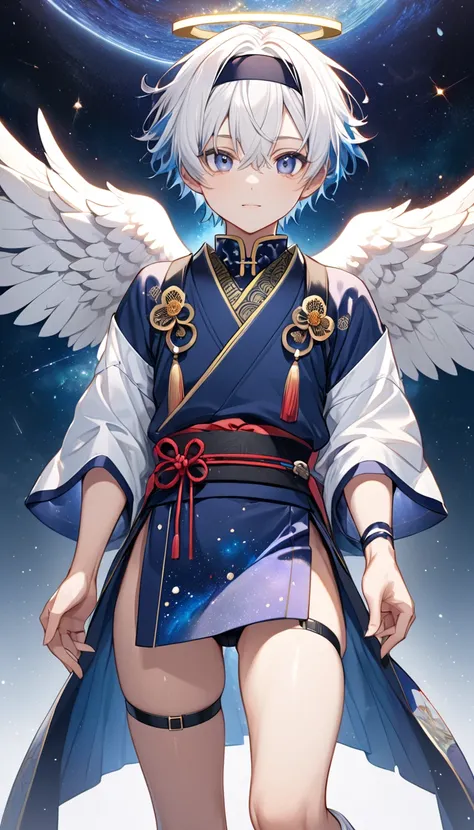 Fresh illustration,
Ultra-fine drawing,
Very delicate illustration,
Very fine details,
Drawing of a boy alone,
Arms slightly outstretched,
Height 158cm,
Fair skin,
Right eye purple,
Left eye blue,
Beautiful eyes,
Large black pupils,
Short hair,
White hair ...