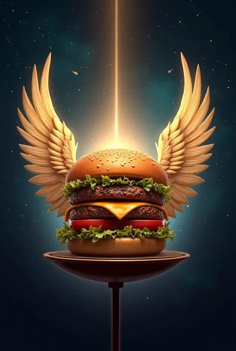 A logo of a double royal hamburger with angelic wings on a space background above a grill.  