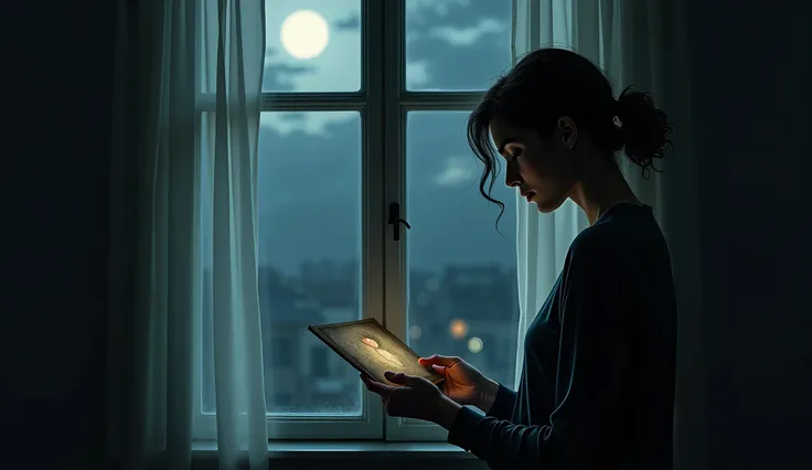 "A picture of a man or woman standing by a window at night. Moonlight filters through and shows a faint reflection on the wall. The characters face shows a lonely and yearning expression. One hand holds an old, faded photograph. The background is filled wi...