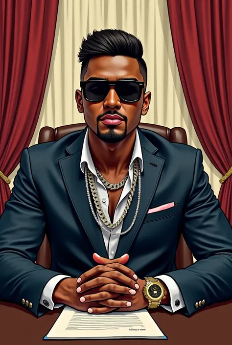  30-year-old male, Latin American,  dark skin, Trap artist ,  with hair wearing American-style cut, with goatee , thin mustache,  style image wearing dark glasses, diamond-studded cords and chains ,  sitting behind a table in a presidential room, drawing s...