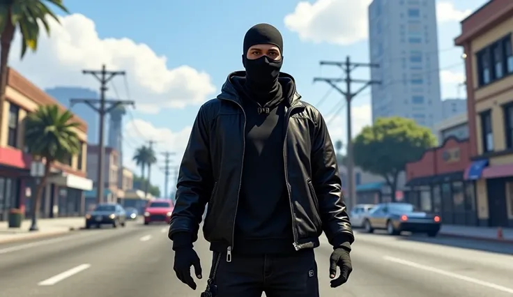  create a video cover Main image :  Your character wearing a black jacket, black pants and a black mask and black gloves from GTA Online in the center,  The GTA Online logo to be recognizable  . background:  Los Santos cityscapes , , such as cars and helic...