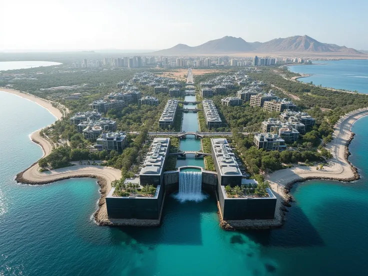 Masterpiece, best quality, ultra detail, city of the future in the Arabian desert on the shores of the azure sea, the city consists of two long rectangular buildings made of black matte glass, a lot of greenery in the city, the city is built in a line that...