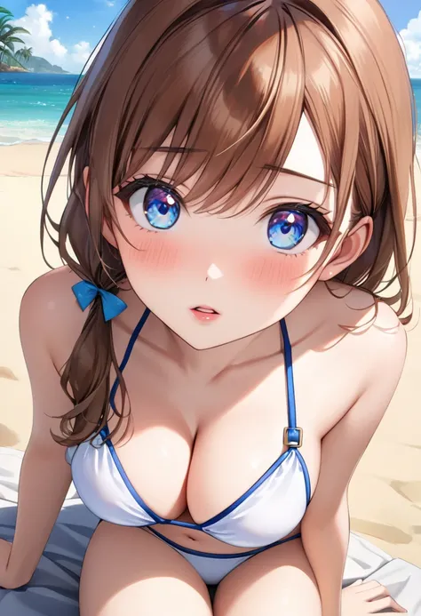 (This is a close-up shot of a young anime girl in a bikini on the beach:1.4),(solo:1.4),(1girl:1.4),(long brown hair:1.3),(blue eyes:1.2),(white bikini top:1.3),(white bikini bottom:1.2),(navel:1.1),(sitting on the beach:1.3),(palm trees in the background:...