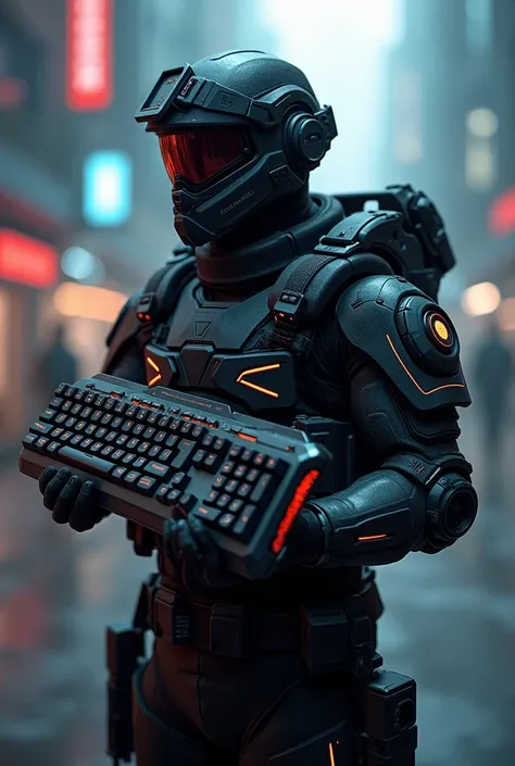 A soldier holding a keyboard in his hand should be in the game form in full view, no background