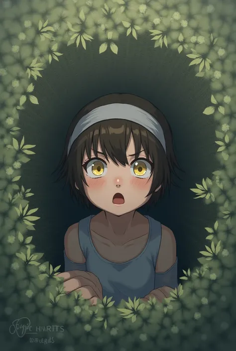 Alone,  Open mouth, blush,  short hair,  Headband ,  yellow eyes, language,  from above, 