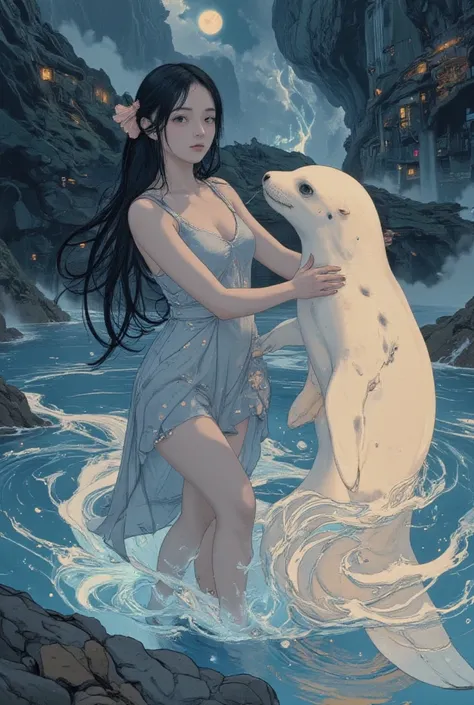 ((line-art Anime, manga aesthetic, highly detailed, vibrant colors, dynamic lighting, soft shading, 8k resolution, masterpiece))、A woman emerging from water, with a seal climbing up beside her to embrace her, symbolizing harmony and connection. The woman h...