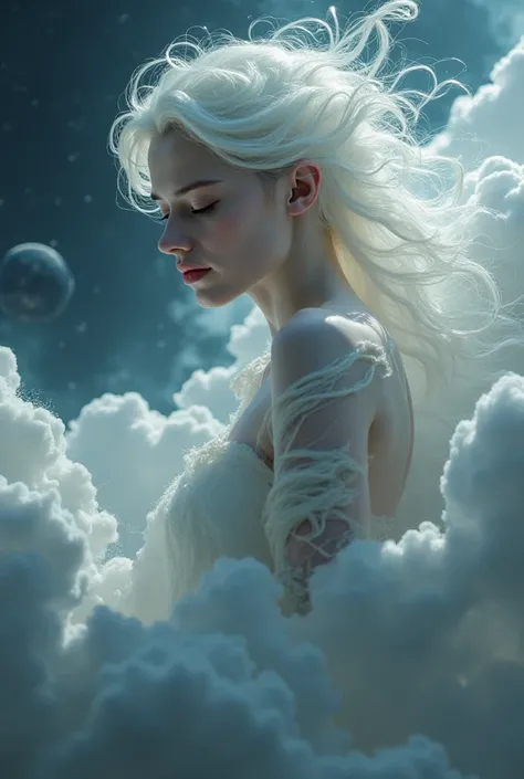 A goddess of love made of sad clouds watching planet Earth