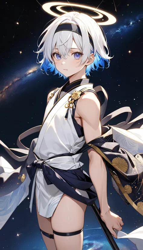 Fresh illustration,
Ultra-fine drawing,
Very delicate illustration,
Very fine details,
Drawing of a boy alone,
Arms slightly outstretched,
Height 158cm,
Fair skin,
Right eye purple,
Left eye blue,
Beautiful eyes,
Large black pupils,
Short hair,
White hair ...