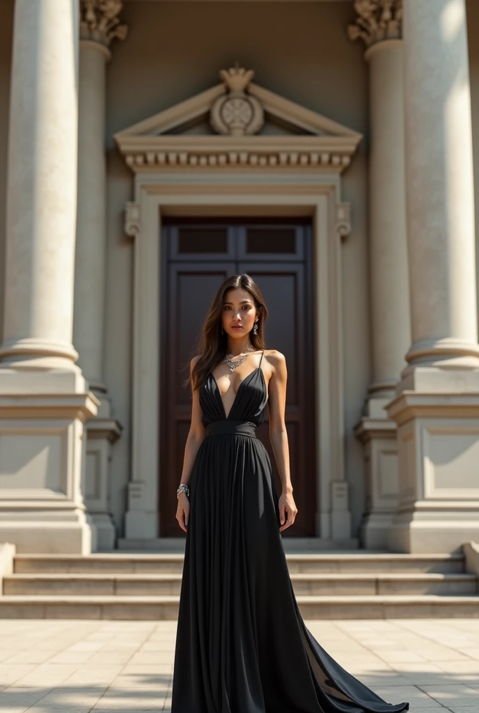 Elegant woman in front of the Congress of the Republic of Peru