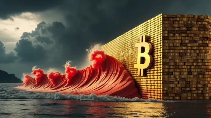 A highly detailed and dramatic image of a massive wall constructed entirely from glowing golden Bitcoin coins, standing tall and sturdy. A large red wave, symbolizing inflation, crashes against the wall but is unable to break through. The wall reflects bri...