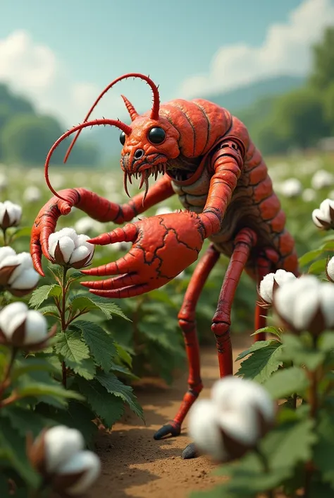 A bipedal lobster with human features harvesting cotton