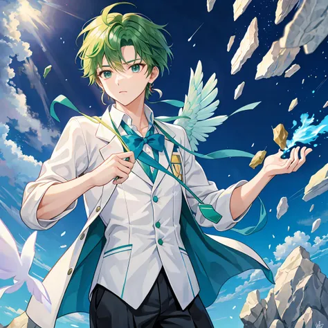 Green-haired male student majoring in pharmacy is blowing rocks away with magic