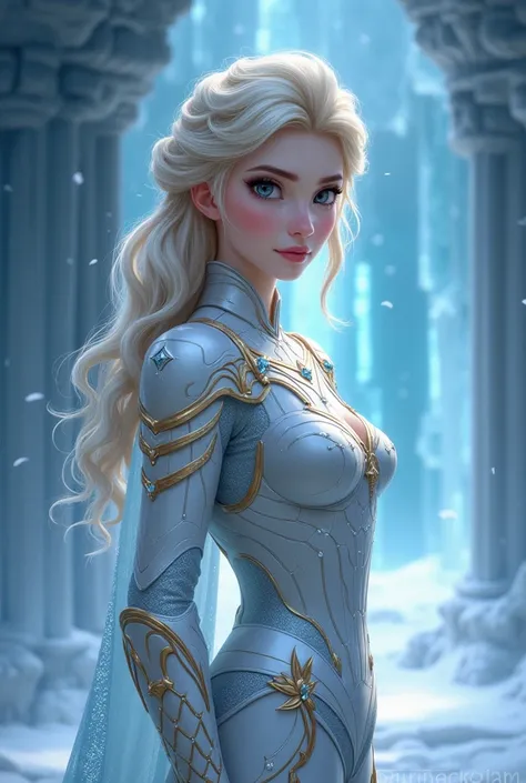 Create me a Korean manwha-style fanart image with Elsa from frozen , with loose hair with a serious look without smiling with a voluptuous body with the armor of an Amazonian iron warrior with her body almost covered cuts white and gold with small diamonds...