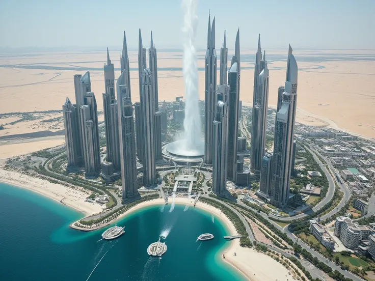 Masterpiece, best quality, ultra detail, city of the future in the Arabian desert on the shores of the azure sea, city of tall ideal buildings made of matte silver, the city is built in a line going into the distance, in the middle of the city there is a l...