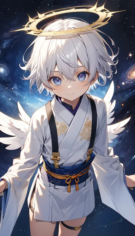 Fresh illustration,
Ultra-fine drawing,
Very delicate illustration,
Very fine details,
Drawing of a boy alone,
Arms slightly outstretched,
Height 158cm,
Fair skin,
Right eye purple,
Left eye blue,
Beautiful eyes,
Large black pupils,
Short hair,
White hair,...