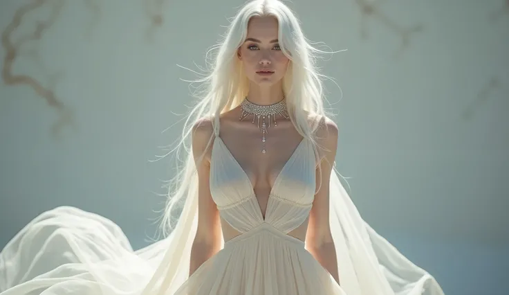 A (((super stunning female))) with ((perfect anatomy)) and (((white hair))), dressed in a (((flowing translucent extra long dress))), adorned with intricate  elegant ((hands)), and a ((delicate diamond necklace)), posed gracefully full body