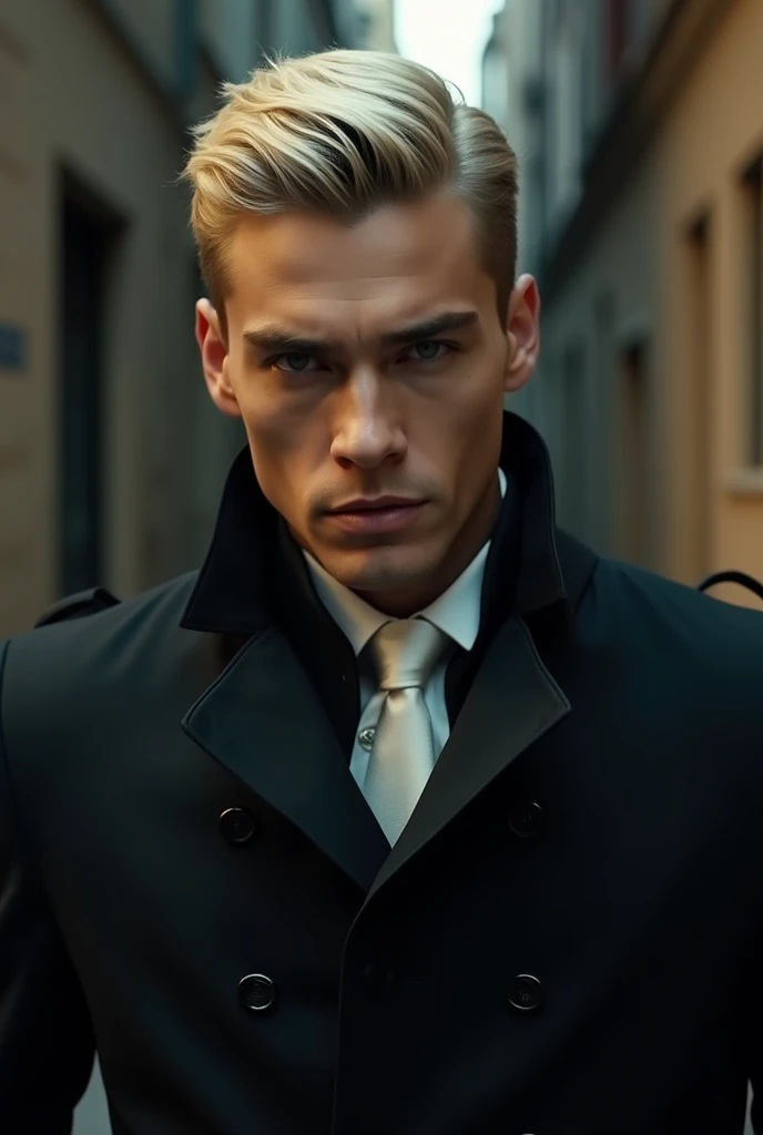  screenshot 
handsome and muscular young man with cream hair 
,gray eyes combined with white  ,  threatening and cold look and serious psychopathic
attractive  , handsome, 
Mafioso elegant costume dress

Background of an alley with a little light in the ba...