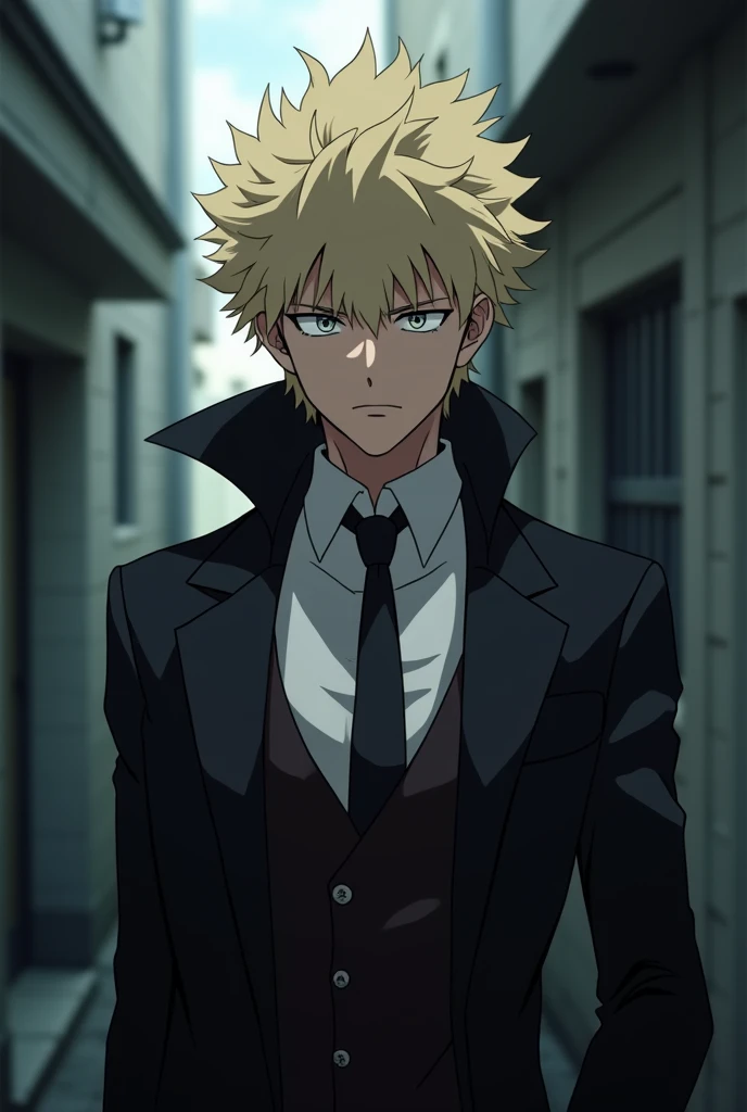 screenshot 
My Hero Academia anime young man with cream hair
,gray eyes combined with white  ,  threatening and cold look and serious psychopathic
attractive  , handsome, 
Mafioso elegant costume dress

Background of an alley with a little light in the bac...