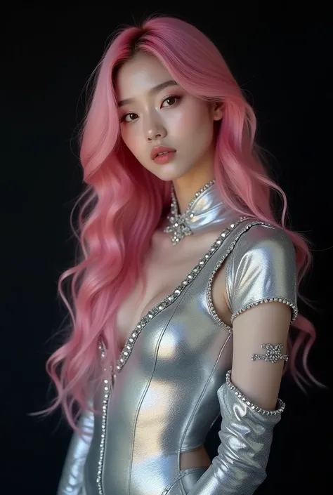 Make a Korean , ,  with long pink hair , With silver clothes,  with a black background, photoshoot kpop