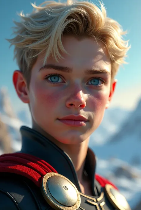  Thor as an adolescent Caucasian male,  white skin , no beard,  bright blue eyes , cabelos loiros face e traços lábios macios perfeitos esculpido, maxilar e macas do face bem definidos beleza divina, divine aura with Asgard in the background , face
