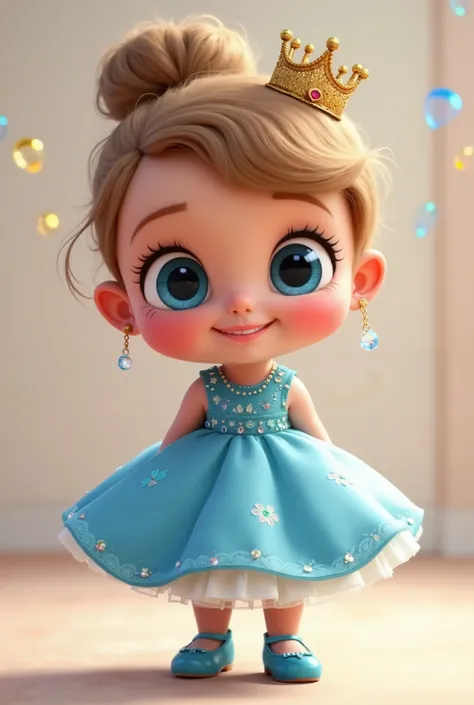  Create a character , Disney Pixa-style baby with bun in her hair light brown hair, blue eye, blue round party dress with crown on the head full body, With little blue shoe  