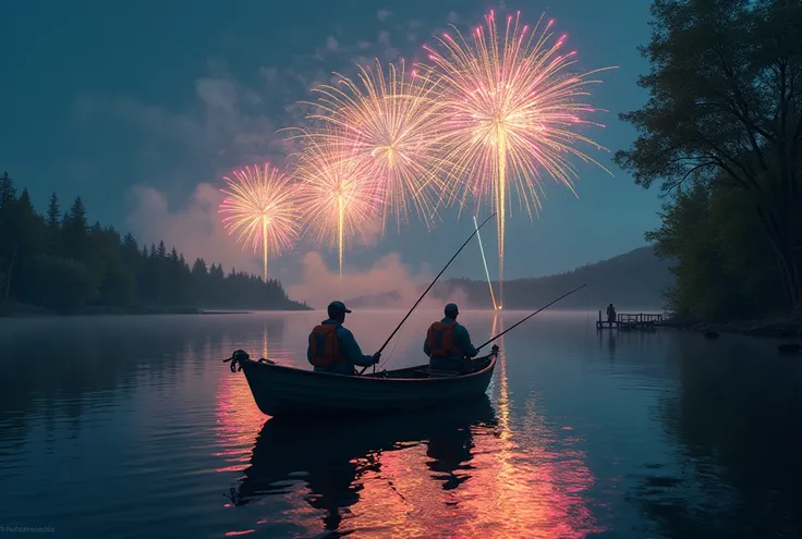 Two trout fishermen in a boat on a lake, fireworks exploding in the background.