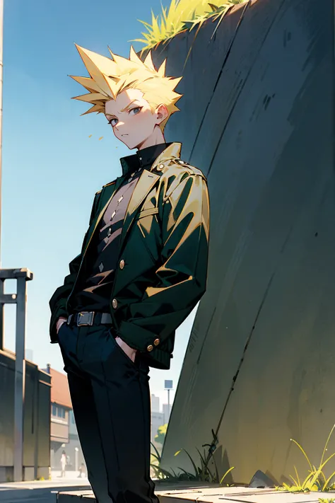 1male, blonde hair, spiked hair, short hair, nonchalant, black eyes, void eyes, street clothing, old black shirt, green jacket, black worn pants, sky background, hands to side, standing on path, blue sky, detailed background, park background