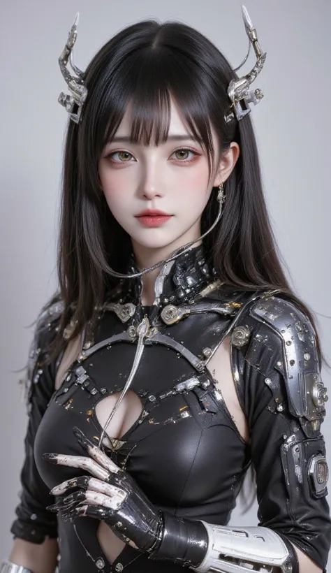 In this masterpiece of a portrait, a Japanese android girl is depicted in a stunning front view. Her design is exceptionally detailed, showcasing a plump, race queen-inspired costume with intricate control panels. Her android nature is accentuated by mecha...